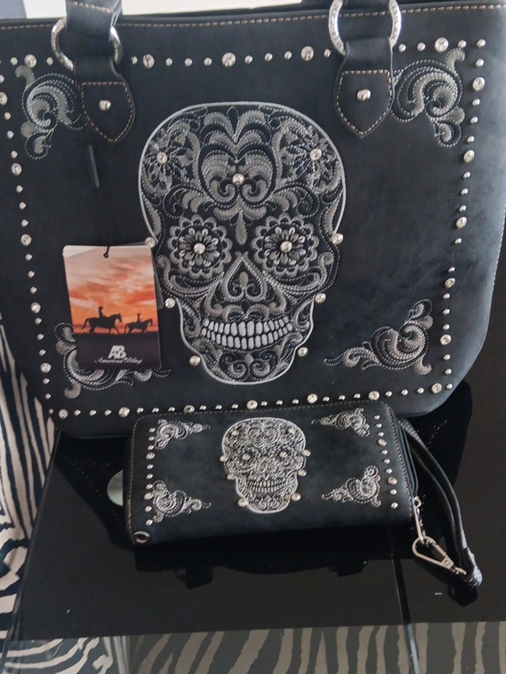 American Bling Black Rhinestone Sugar Skull Tote & Wallet Set NWT-BAG